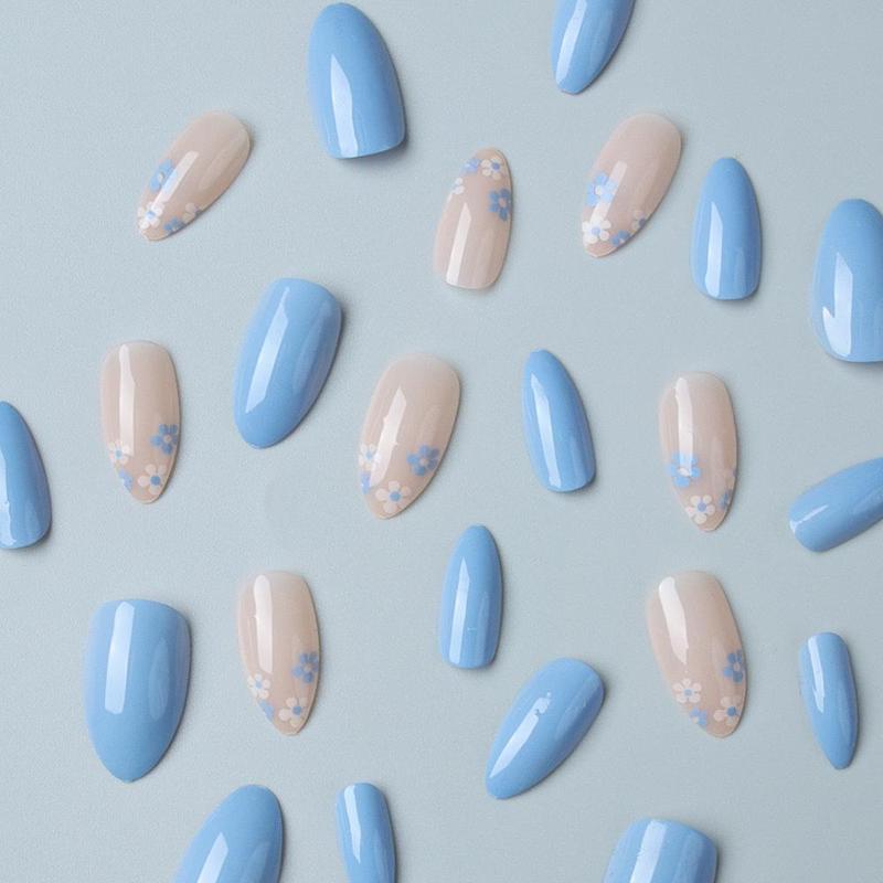 Product Introduction of Blue & Pink Floral Fake Nails with Tools, 24pcs/set French Style Press on Stick on Nails with Stickers & Nail File for Women Nail Art 14