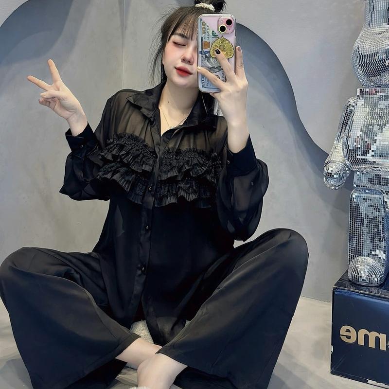 Bộ Đồ Ngủ Nữ Tay Dài Chất Lụa Latin Mềm Mại Phối Vải Voan Có Lót Trong Freesize Women setdomac nhaxinh pizamanu 1
