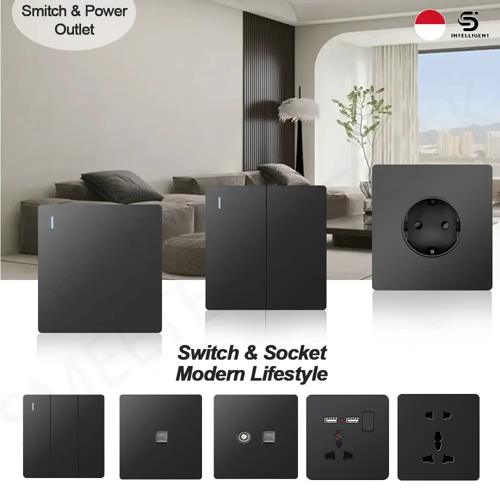 SOKOSA Soket Stop Kontak SNI Saklar On Off Hitam Kabel Tembaga PC Saklar Dinding Aesthetic Tahan Api Elegan & Berkualitas untuk Lampu Tangga & Taman