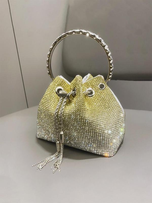 Women's Rhinestone Decorated Evening Bag with Round Top Handle, Elegant Shiny Tassel Chain Drawstring Design Shoulder Bag for Party, All-match Commuter Bag for Work & Daily Used, Valentine's Day Gift for Girl, Ladies Purse 5