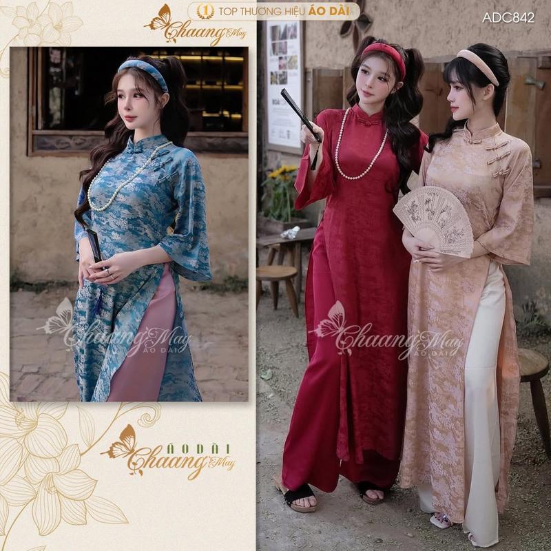  Áo dài cách tân nữ Như Yên dáng suông xưa Chaang may ADC842 sẵn áo dài gấm lụa Hoa Viên Chùa dự tiệc cưới lễ Tết đẹp Women Nhung 