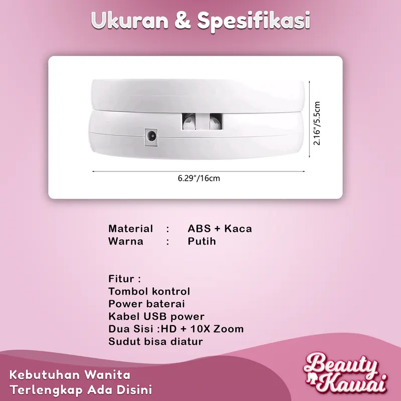Cermin Bulat Lipat Kaca Rias LED 2 Sisi Ganda Putar USB Cas 4