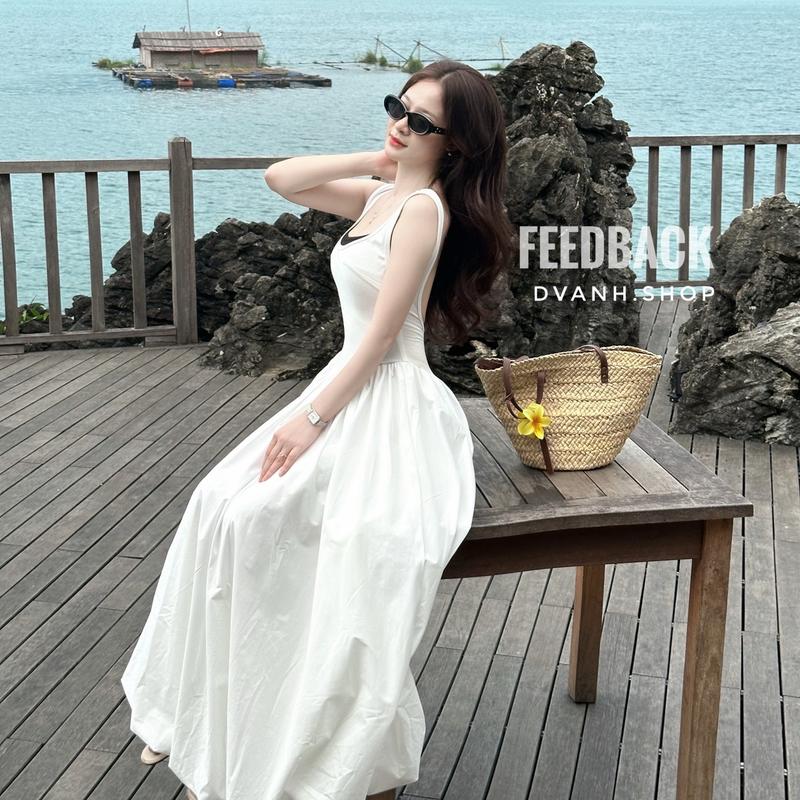 SHEEI - Váy thiết kế xoè bí hở lưng, áo 2 lớp phối trắng/đen cực tôn dáng bồng Nữ Màu Trắng Women Voi 5