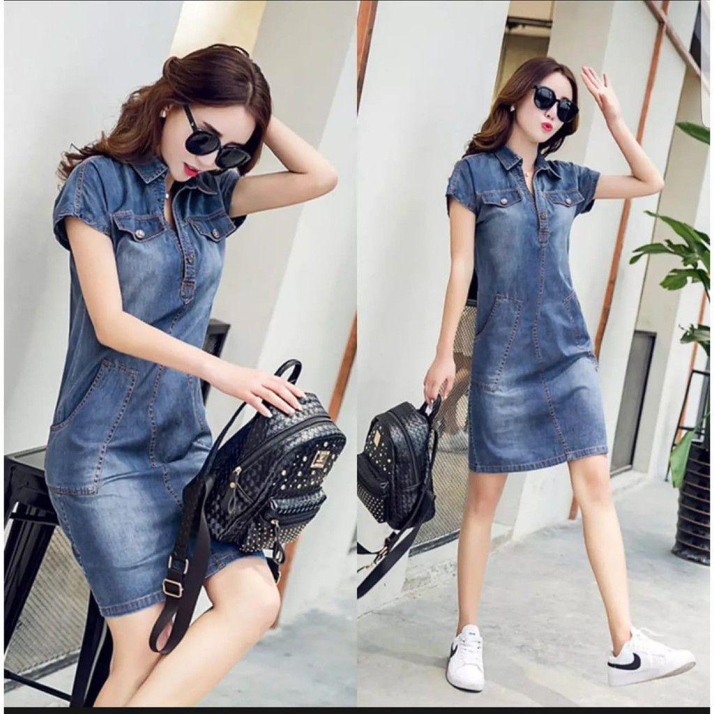 904-DRESS JEANS WANITA LENGAN PENDEK DUA SAKU KANCING HIDUP Casual Dress Dewasa Baju Midi Panjang