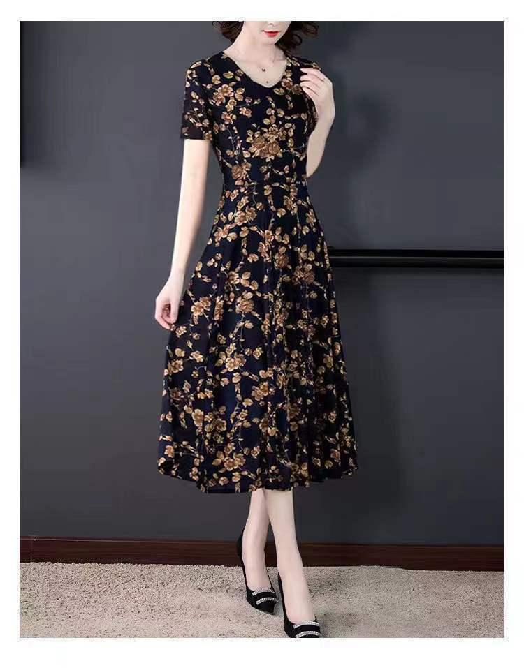 Product Introduction of Váy Hoa ngắn Tay, Thời Trang Cao Cấp, Thích Hợp Cho Mùa Thu, Ngoại Cỡ, Che Bụng, Trông Trẻ Trung, Quần Áo Cho Mẹ, Dài Trung Bình Nữ Dress 37
