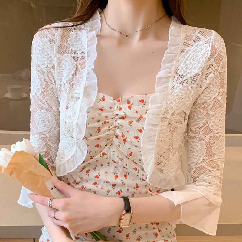 Product Introduction of Female Cardigan Lightweight Jacket Women Lace Small Shawl Short Jacket Chiffon Lace Cape Summer Sun Protection Shirt Outer Elegant Shawl Jacket Fashion Womenswear 1