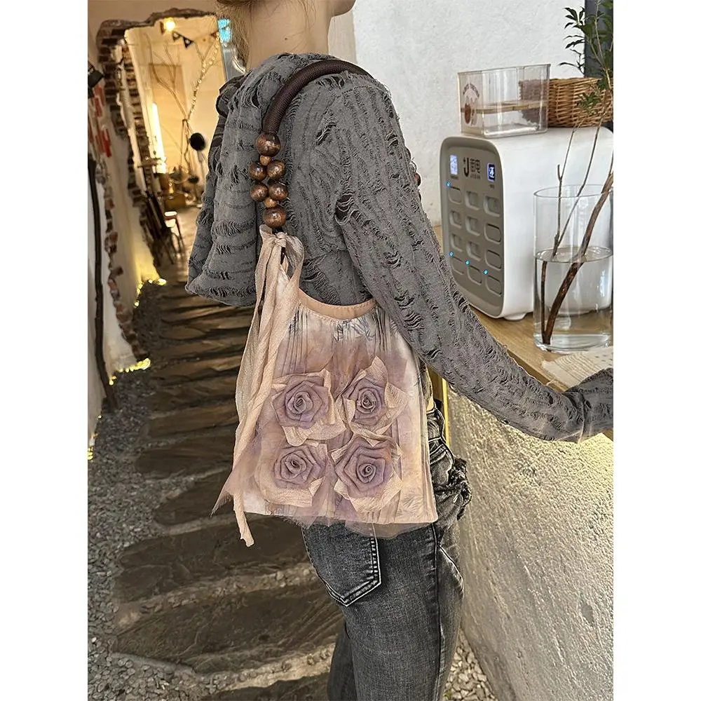 2025 Retro New Chinese Style Grass-Dyed Rose Flower Bag Pleated Underarm Commuter Large Capacity Tote Shoulder Handbag