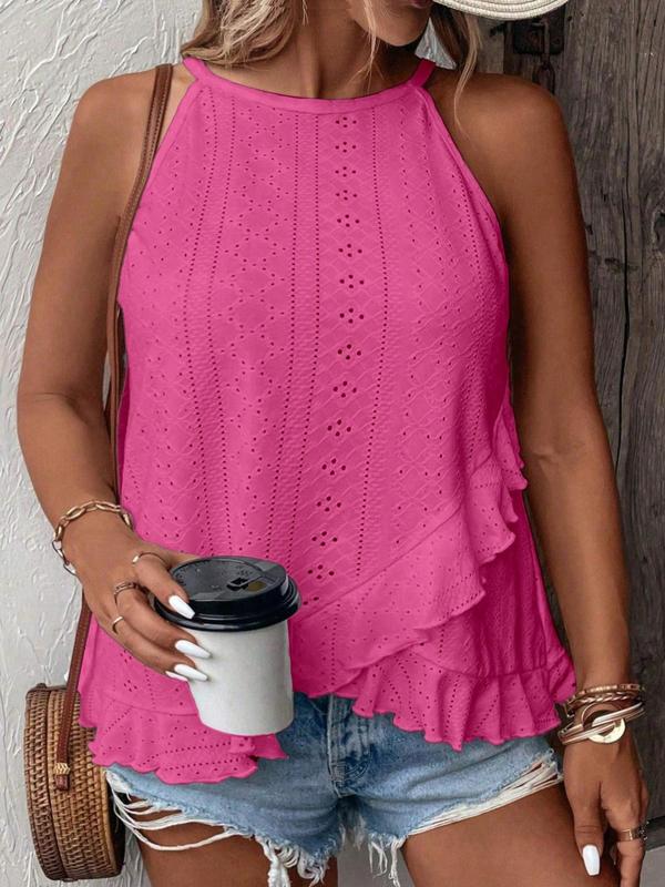 Plus Size Solid Eyelet Embroidery Lettuce Trim Ruffle Hem Halter Tank Top, Casual Sleeveless Top for Summer, Women's Plus Clothing for Daily Wear 7