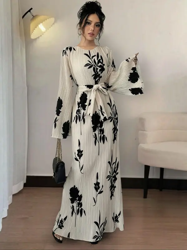 Women's Floral Print Belted Flounce Sleeve Dress, Elegant Long Sleeve Round Neck A Line Dress for Spring & Fall, Women's Clothing for Daily Wear, Wedding Guest Dresses 0
