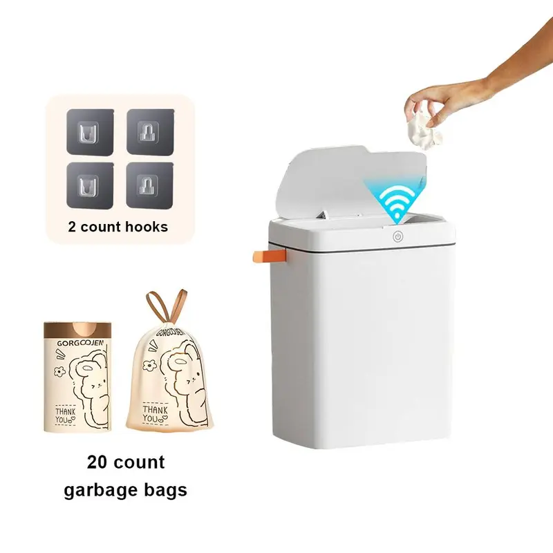 14L Automatic Sensor Trash Can, Rechargeable Smart Trash Can with 2 Counts Hook & 20pcs Garbage Bag, Suitable for Office Home Bedroom Living Room Kitchen Bathroom 0