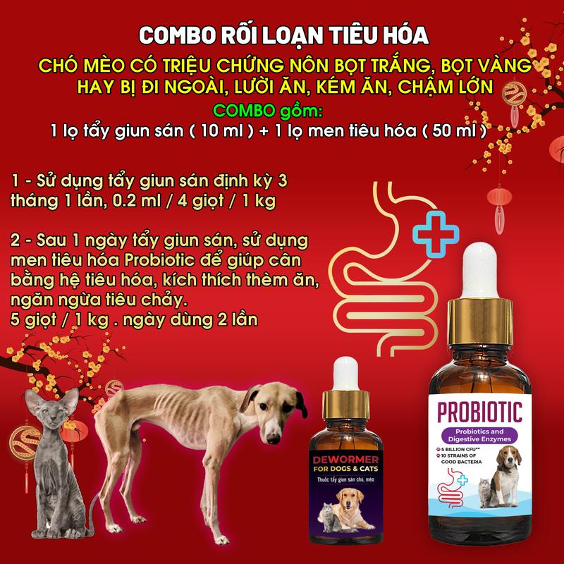 Combo Rối Loạn Tiêu Hóa Nôn Bọt Trắng Bọt Vàng Tiêu Chảy Trên Chó Mèo Tẩy giun sán + Men tiêu hóa sống