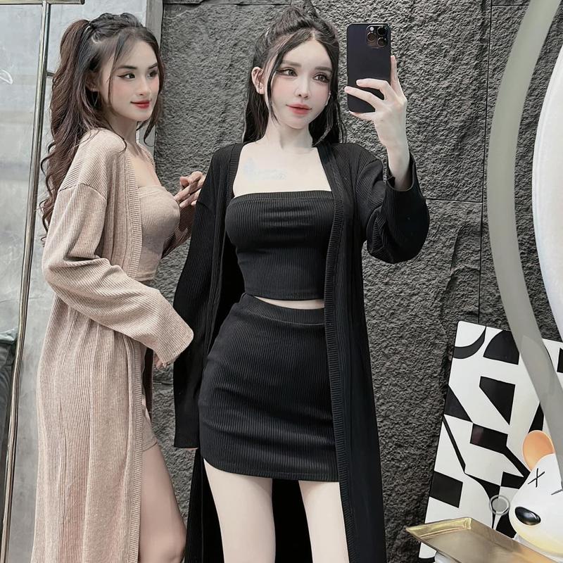 Set áo ông kèm chân váy ngắn mix áo khoác dài tay dáng dài - thun gân set bộ , set nữ tôn dáng , set chân váy , set bộ nữ , set đi biển , set váy