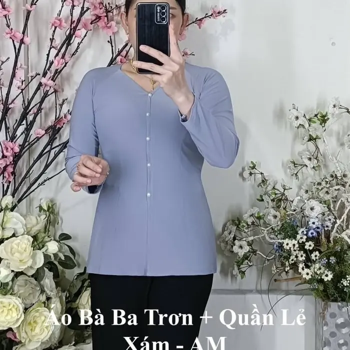 Áo bà ba thun màu xám khói Cổ chữ V