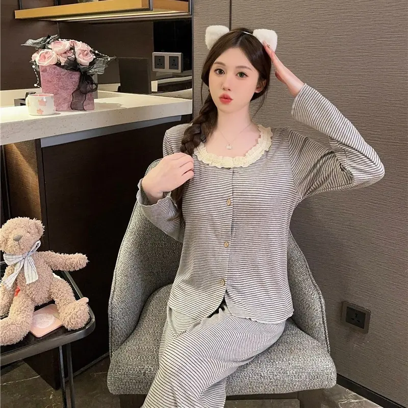 Set thun mềm mại cổ tròn hoạ tiết sọc đơn giản dễ thương-tay ngắn dài-quần dài-Nữ
