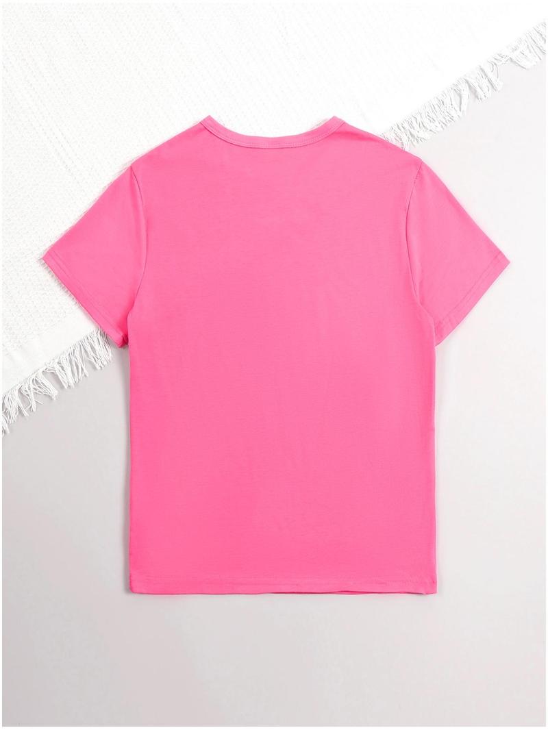 Product Introduction of Teen Girl's Cat & Letter Print Drop Shoulder Tee, Casual Short Sleeve Round Neck T-Shirt for Summer, Teen Girl's Top for Daily Wear 11