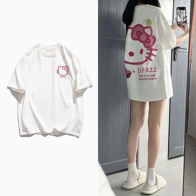 Áo Phông ngắn Tay Cho Nữ, Phong Cách Preppy Ngọt Ngào Dáng Rộng Rãi, Thiết Kế Hoạt Hình Mùa Hè, Thích Hợp Cho Học Sinh, Có Mèo Hellokitty Nhật Bản, Dễ Phối Đồ 0