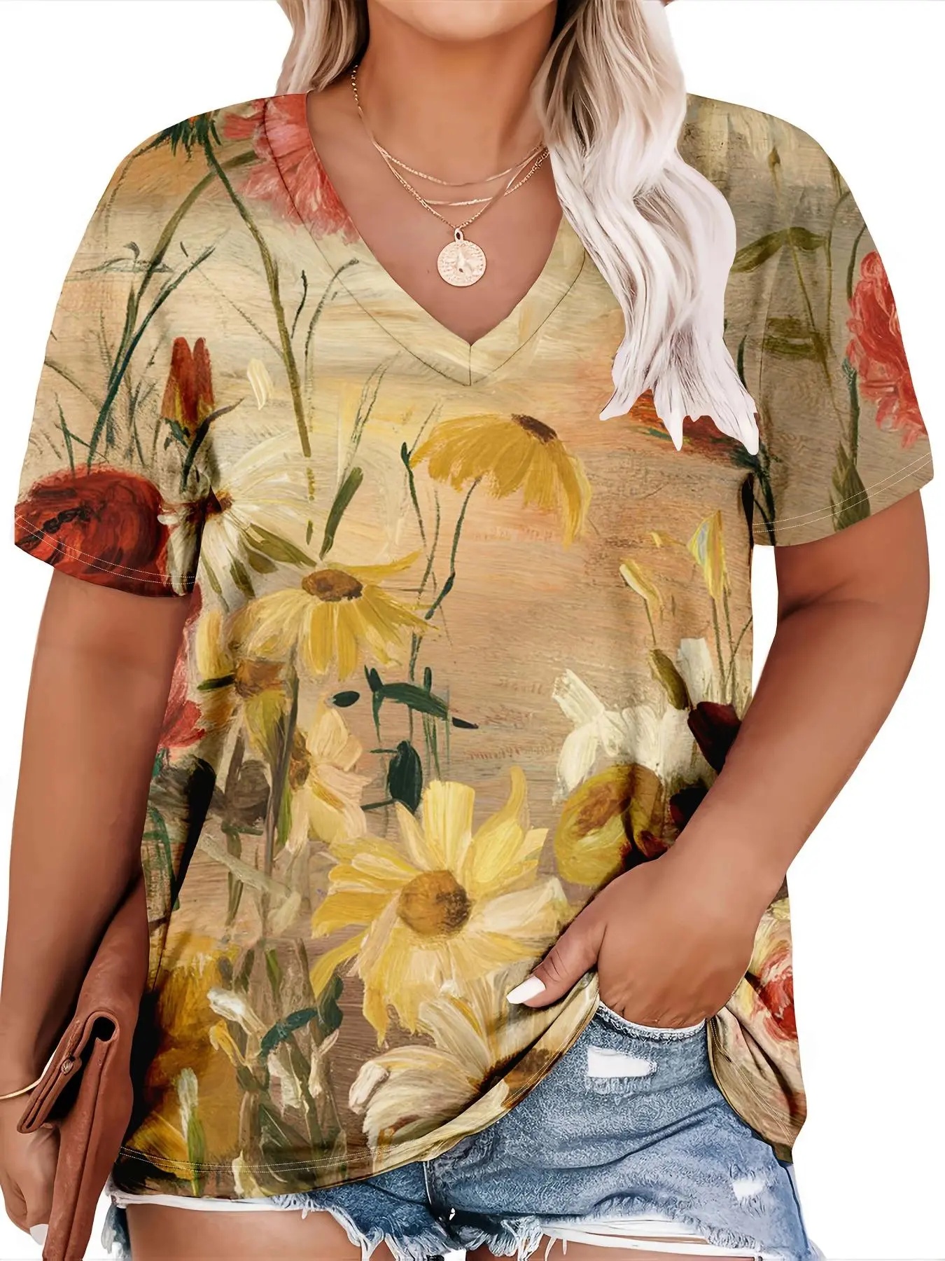 【Plus Size】 Floral Print Short Sleeve Tee, Casual Round Neck T-shirt for Summer, Women's Plus Sleepwear for Daily Wear, Top