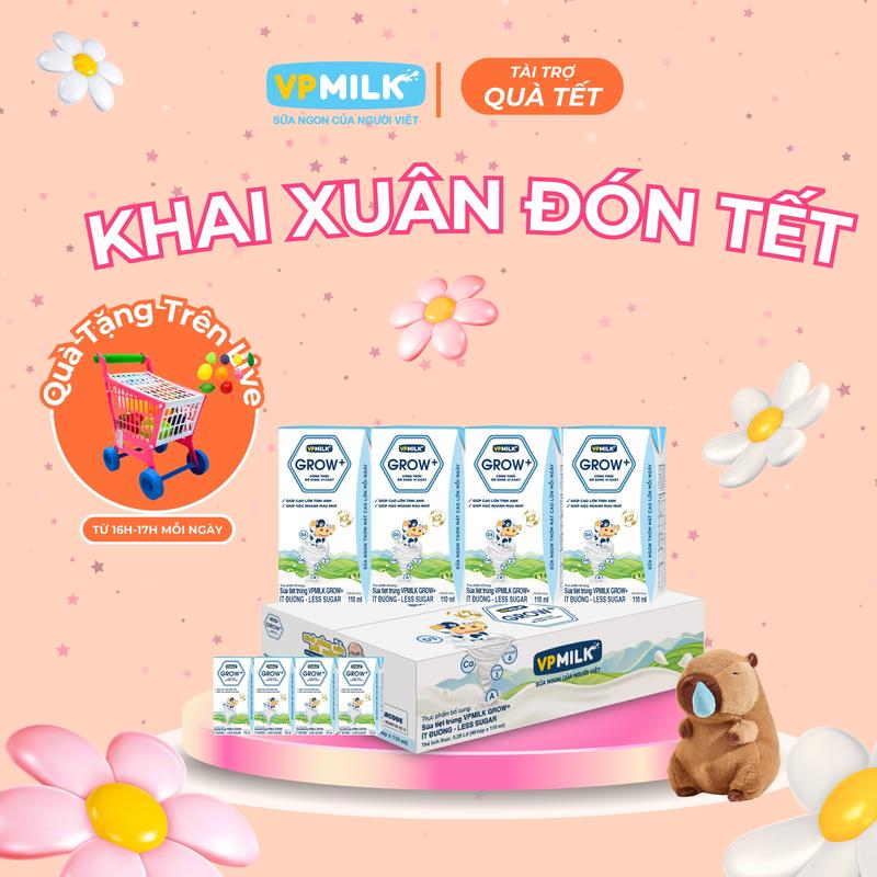 [Thùng 48 hộp 110ml] Sữa VPMIlk Grow+ ít đường, sữa công thức bổ sung dinh dưỡng
