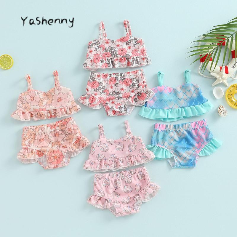 Áo Tắm Bikini Cho Bé Gái, Không Tay, Trễ Vai, Áo Ba Lỗ Hở Eo, Quần Đùi Xếp Nhún Hồ Bơi Bãi Biển, Trang Phục Đồ Bơi