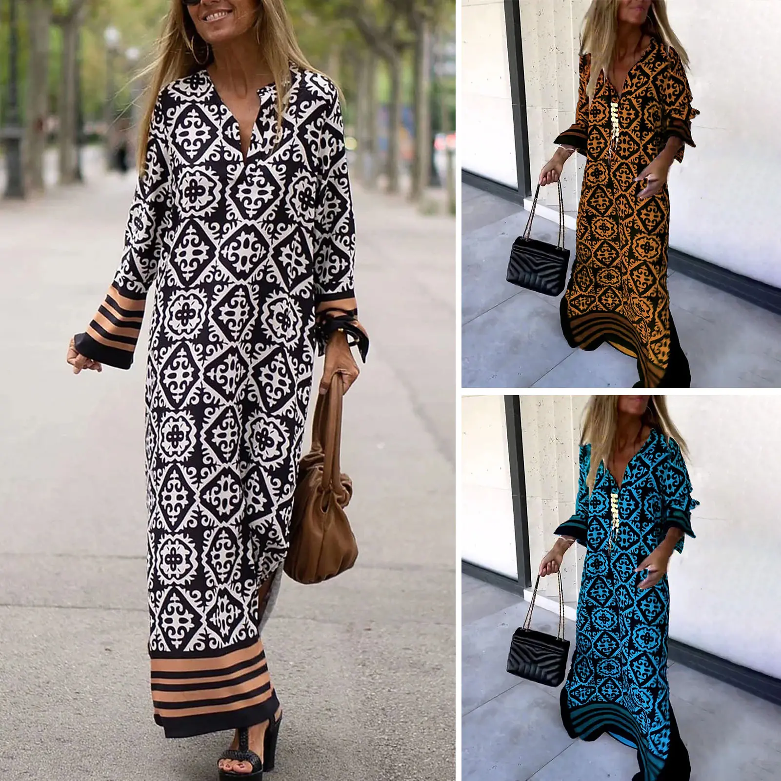 Retro Printing V-neck Maxi Dress Long Sleeve Color Block Cuffs Loose Fit Side Split Hem Casual Robe Female Elegant Dress Streetwear