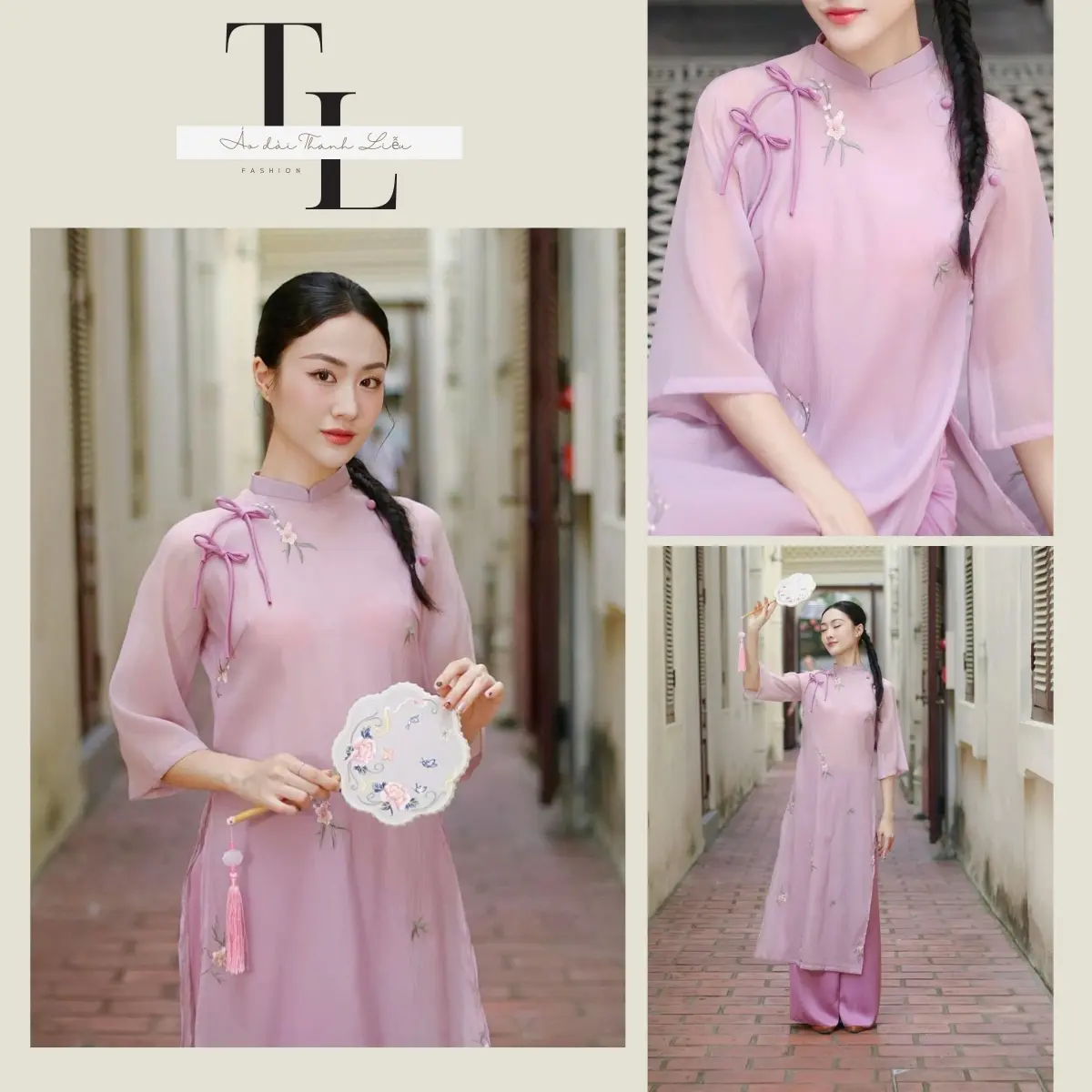 Áo Dài Cách Tân Nữ Lụa Tơ Thêu Hoa Cao Cấp, Phương May Sẵn, Áo Ôm, Cổ cao 4 Tà Nhẹ Nhàng Thướt Tha