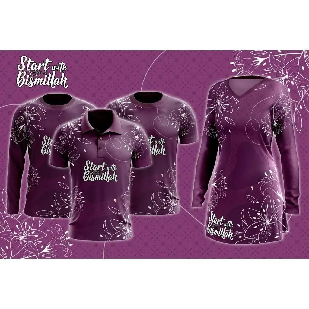 Malaysian Muslim Clothing Floral Pattern Casual Elegant Family Day Clothing Women Long Sleeve Muslim Men Short Sleeve Tops