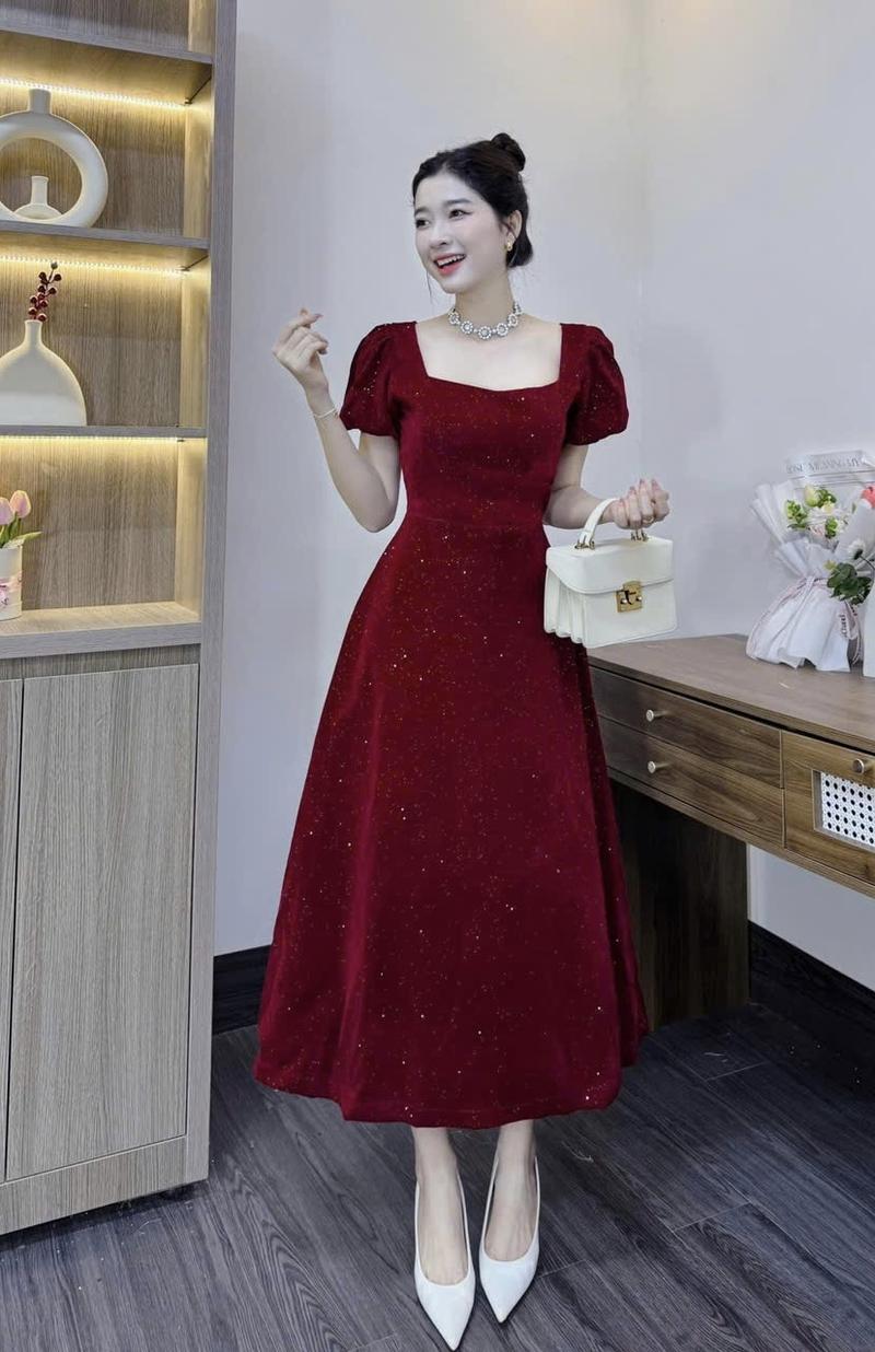 Product Introduction of Đầm nhung kim tuyến tay phồng cổ vuông kiểu dáng dài trẻ trung 6