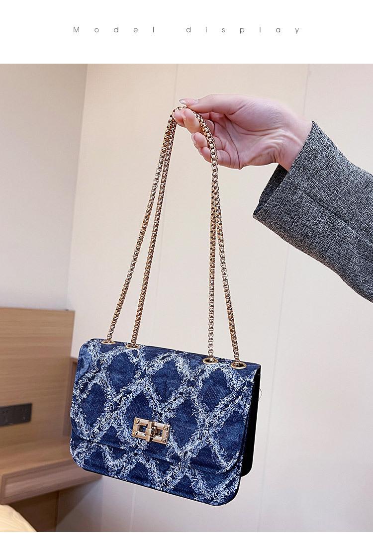 Product Introduction of 2024 New Fashion Women's Bag Trendy Denim Small Square Bag Single Shoulder Crossbody Chain Lock Buckle Ladies Bag 11