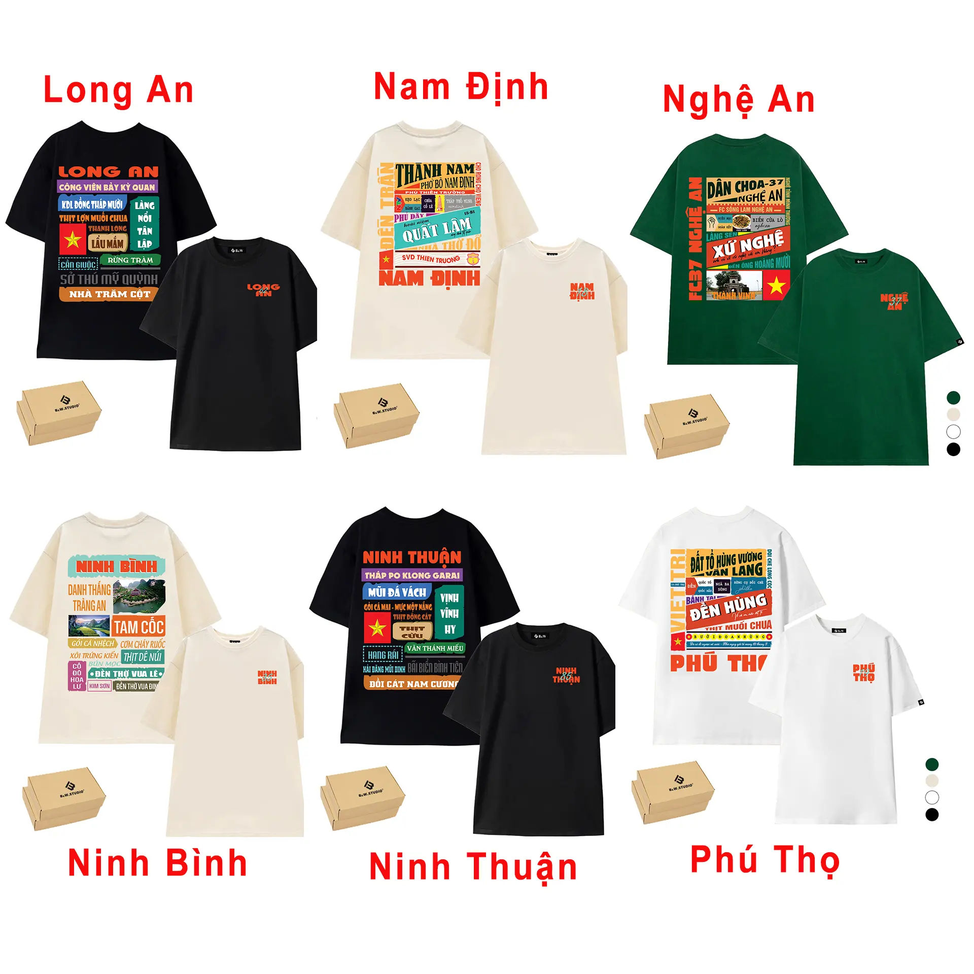 Áo 63 Tỉnh Thành Việt Nam: Long An, Nam Định, Nghệ An, Ninh Bình, Ninh Thuận, Phú Thọ, Áo Thun B&W Studio, Chất Liệu Cotton, Dày Dặn, Form Rộng Cho Nam Nữ Size S-XL