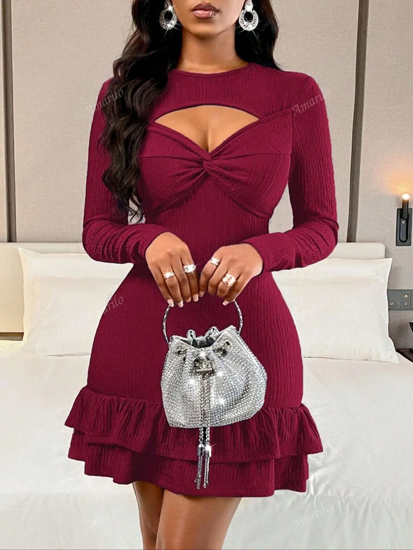 Women's Solid Color Cut Out Bodycon Dress, Sexy Fashion Casual Long Sleeve Short Dress for Party Club Dating Wear, Women Dress for Spring