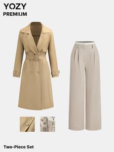 YOZY Women's Belted Trench Coat & Straight Leg Pants Two-Piece Set, Women's Clothing for Daily Wear