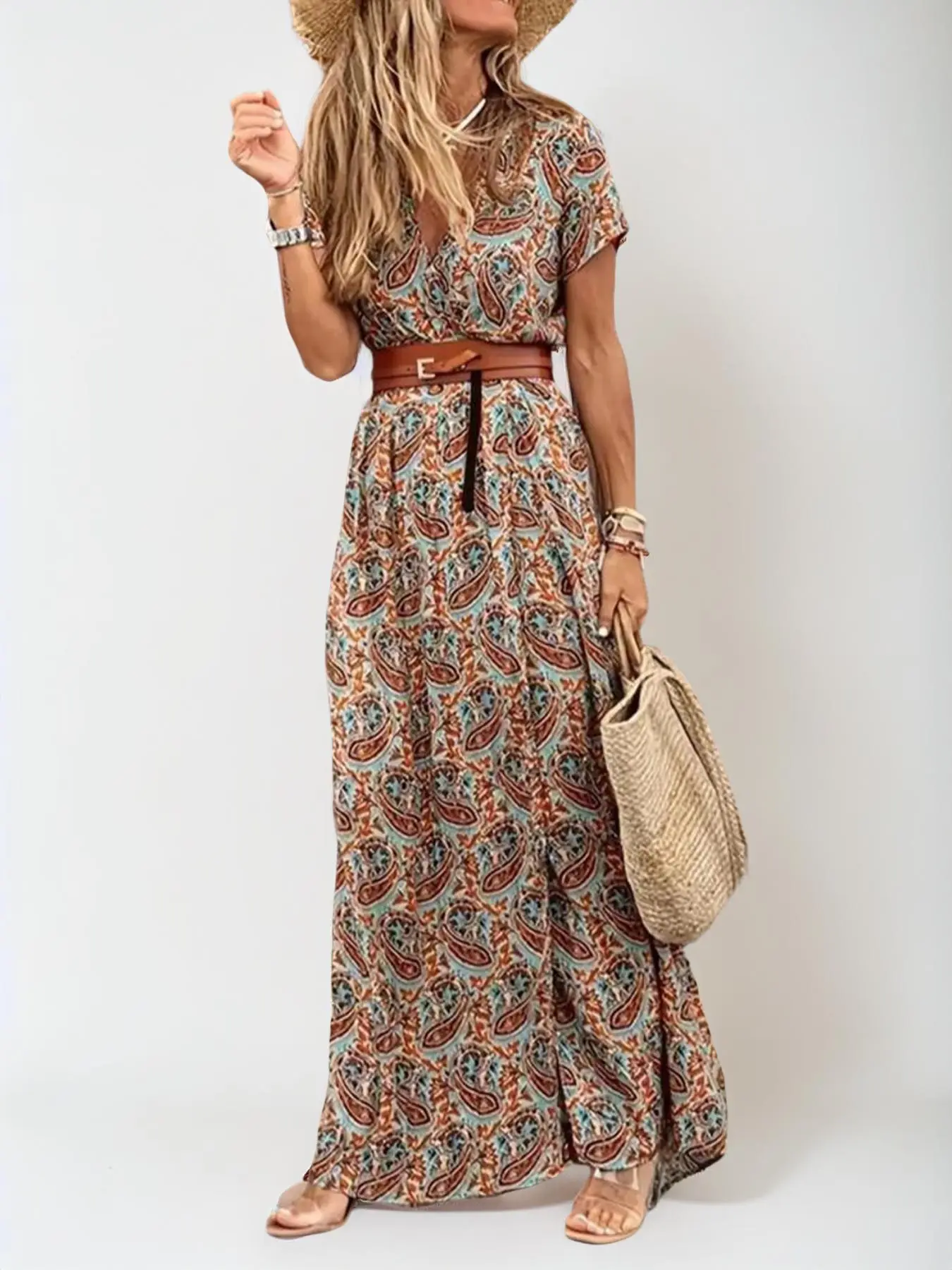 Women's Floral Paisley Print Wrap V Neck Dress With Belt, Boho Short Sleeve A Line Long Dress, Ladies Summer Clothes for Beach Holiday Vacation, Dresses Summer