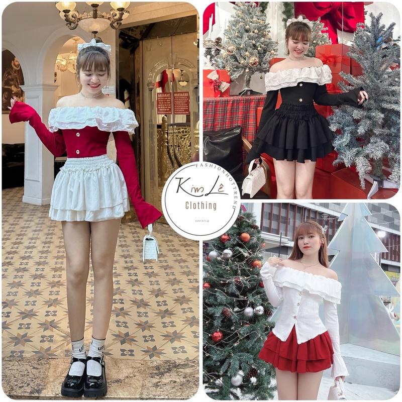  Set Áo Tay Loe Trễ Vai Viền Bèo Đính Nút Mix Chân Váy Tầng Dáng Ngắn Trẻ Trung Xinh Xắn Đi Chơi Đi Tiệc Chất Thun Gân Kate Nữ Women 