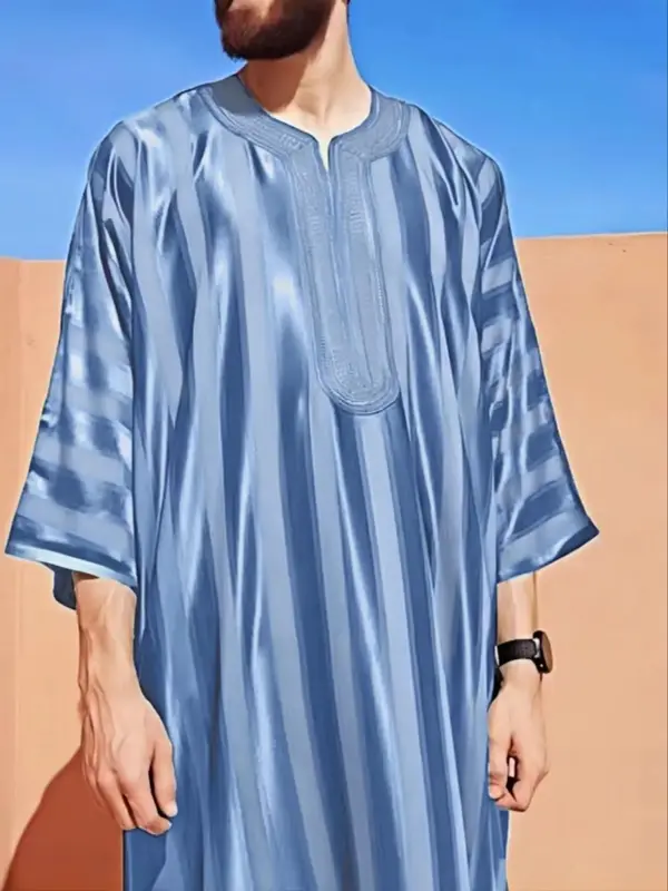 Men's Striped Embroidery Long Sleeve Robes, Loose Casual Comfy Three Quarter Length Sleeve Robe for Daily Wear, Muslim Clothing for Spring & Fall 2