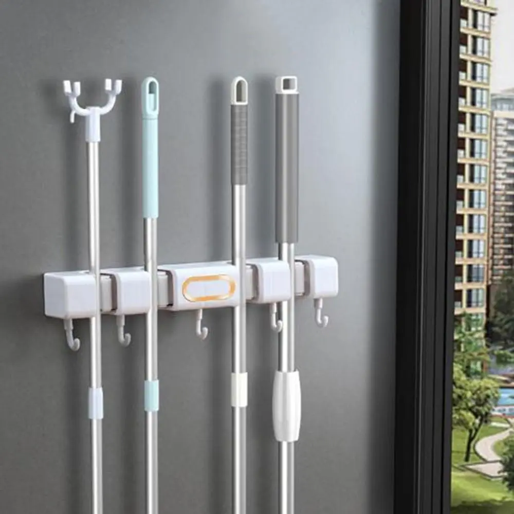 Multifunctional Plastic Wall-Mounted Mop Holder Self-Adhesive Waterproof Broom Mop Holder Punch-Free Space Saving Mop Broom Hanger Garden Organiser Hook