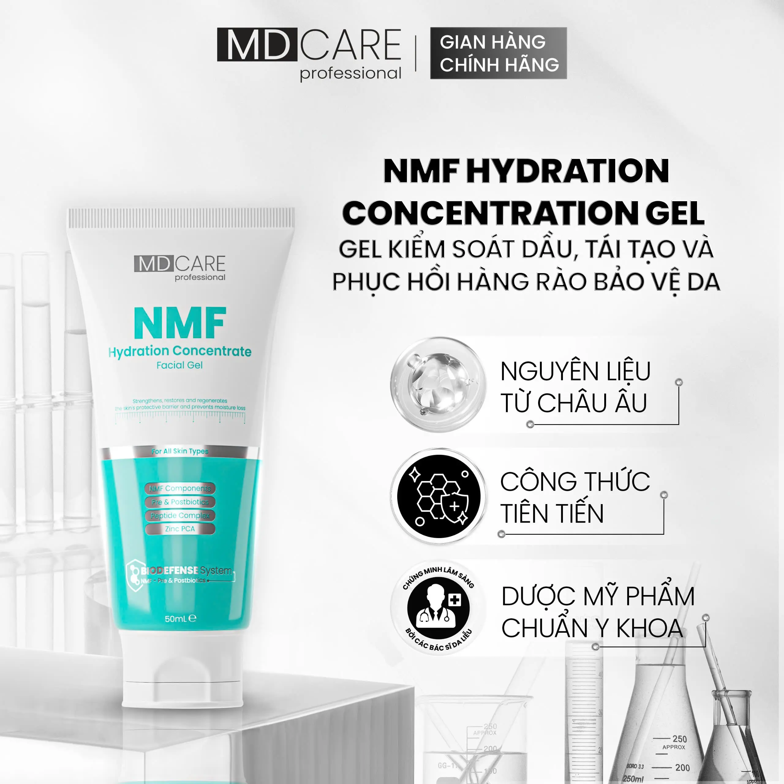 [CHÍNH HÃNG] Gel Kiểm Soát Dầu, Tái Tạo Và Phục Hồi Hàng Rào Bảo Vệ Da MD CARE NMF Hydration Concentrate Facial Gel 50ml