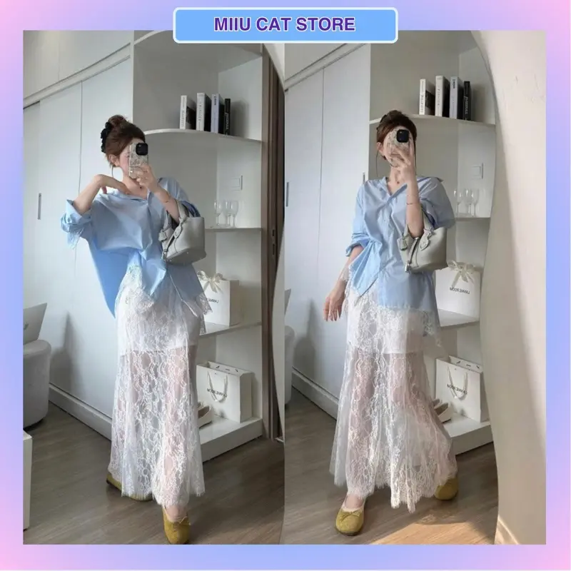 Set Áo Sơ Mi Xanh Phối Chân Váy Ren Midi Dáng Dài Sang Chảnh - Miiu Cat Store