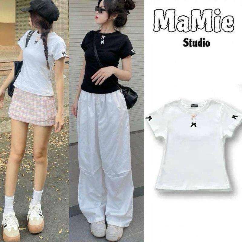 Áo thun gân cotton co giản nơ trước ngực và 2 bên tay, from 45kg - 60kg. Giá sỉ - giá bán buôn 0