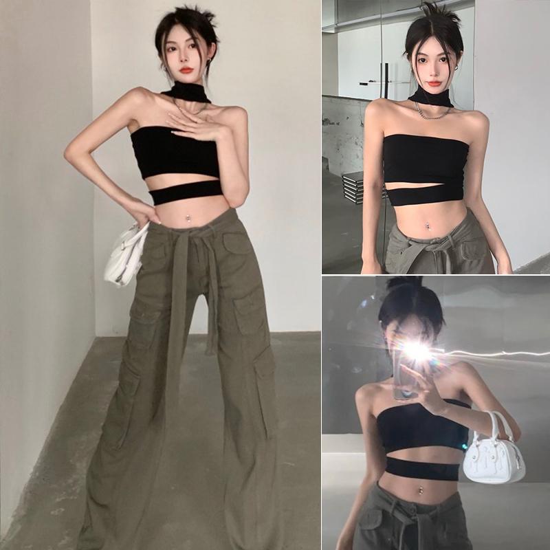 Women Halter Sleeveless Tops Slim Fit Summer Casual Solid Color Backless Crop Tube Tops Streetwear 3
