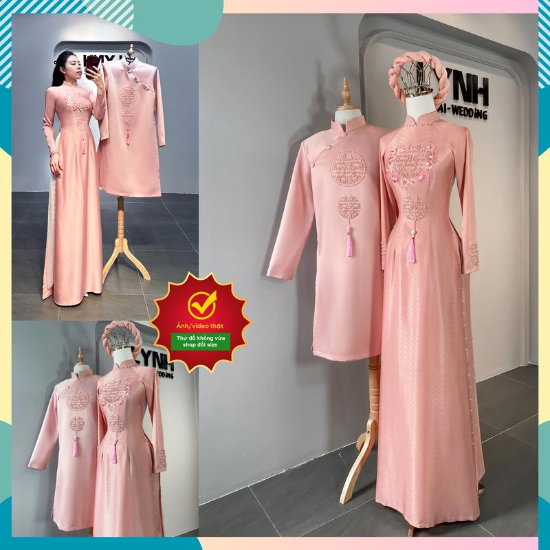  Áo dài cô dâu cưới đẹp - Áo dài cặp Hồng thêu hoa kết Hỉ - Áo Dài Lynh Nữ Women Áo Cưới Váy Cưới Dress Voan Kem váycưới củaanh 
