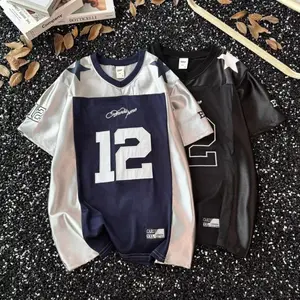 Kaos Jersey Olahraga Retro Amerika Leher V Bernapas Cepat Kering untuk Pria dan Wanita, Kaos Lengan Pendek Longgar Musim Panas