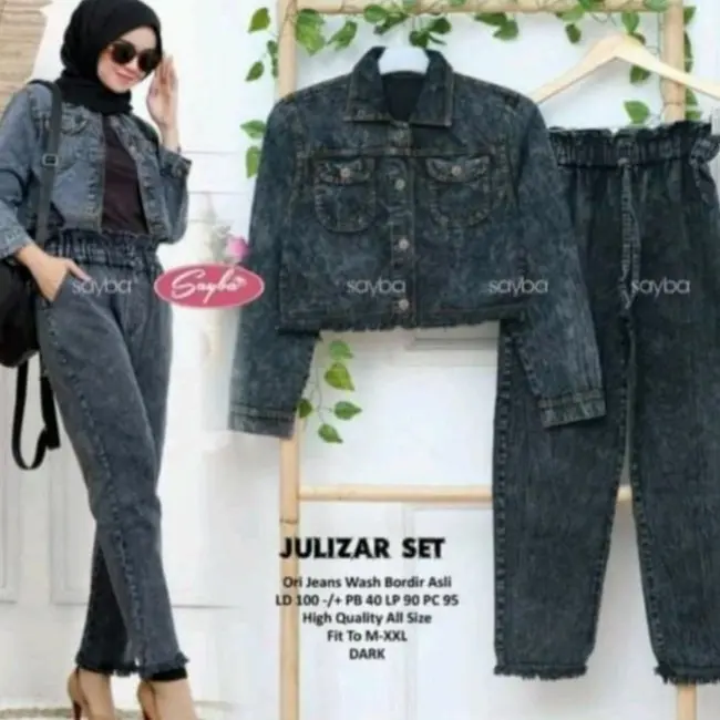 Setelan Julizar Baju Wanita  Variasi (XL, XXL, XXXL) Baggy Celana Crop Jaket Jeans Karet Nyaman 1