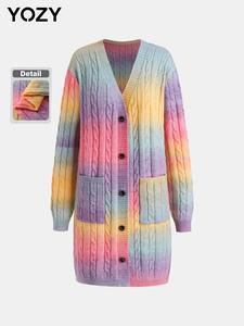 YOZY Women's Tie Dye Print Button Front Pocket Cardigan, Casual Drop Shoulder Long Sleeve V Neck Knitwear for Fall & Winter, Fashion Ladies' Knit Clothing for Daily Wear
