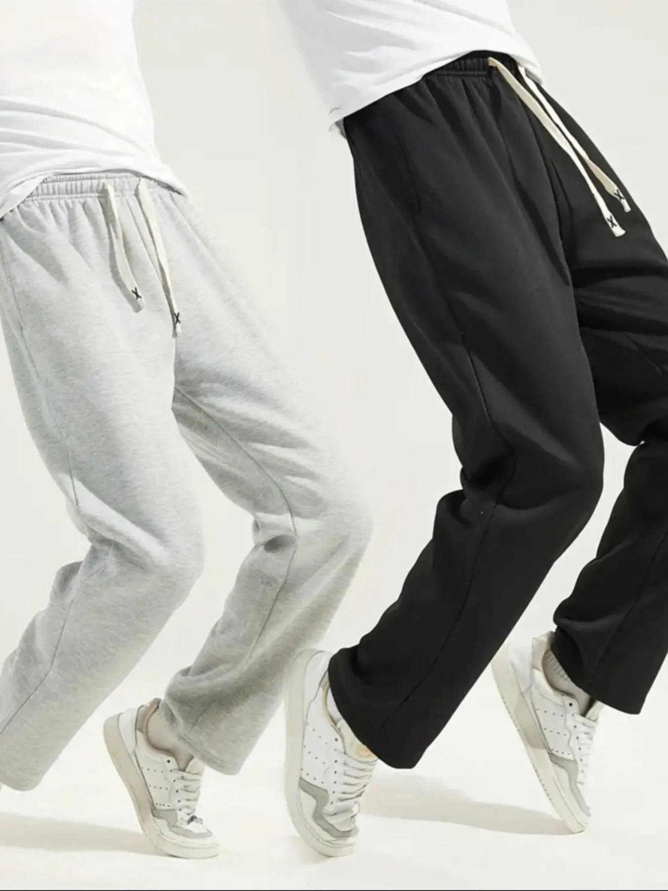 Men's Solid Pocket Drawstring Waist Pants, Casual Comfy Loose Straight Leg Trousers For Daily Wear, Knitting Bottoms For All Seasons, Athleisure