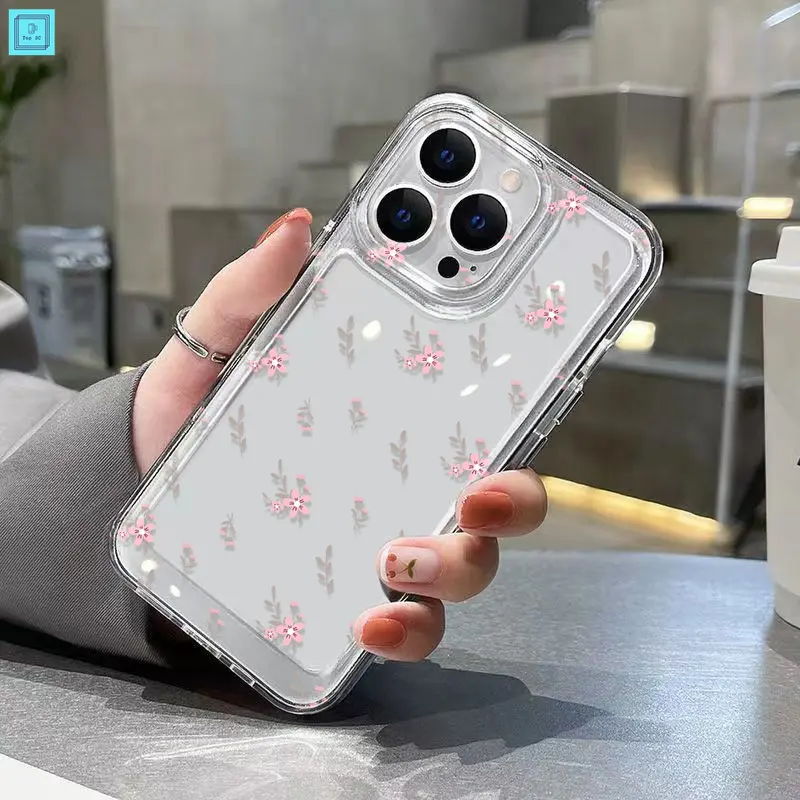 CASE SPACE BENING Softcase HP iPhone 11 12 13 14 PRO PROMAX XR  X XS XSMAX Iphone 7 8 SE2020 7plus 8plus 15promax Transparent High Quality INS-styleSmall Pink flowers for iCasing Ponsel 3