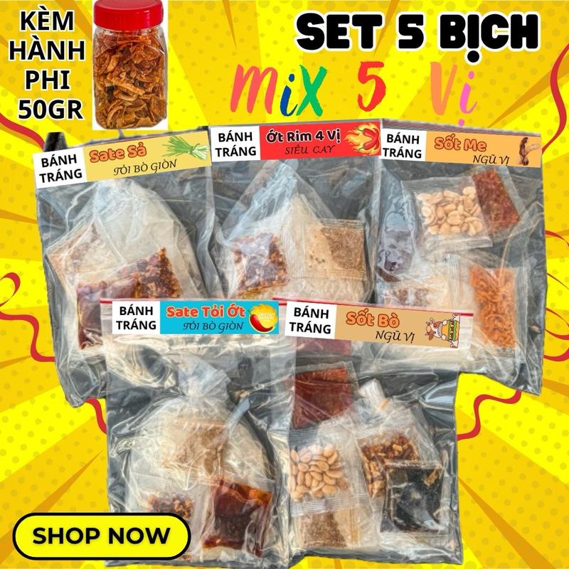 KÈM HÀNH PHI Set 5 Bịch Bánh Tráng Mix 5 Vị Sate Tỏi Ớt Sate Sả Ớt Rim Sốt Bò Sốt Me Snack Ăn Vặt