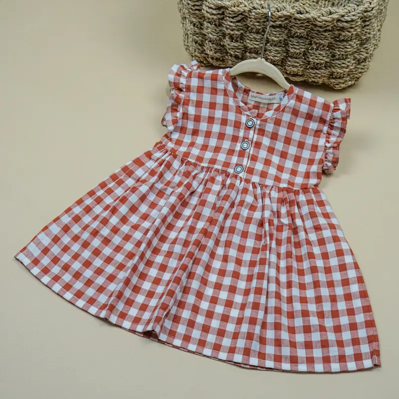 Dress Bayi Kekinian Motif Kotak Katun Perempuan Lembut Nyaman Lengan Gaun 3