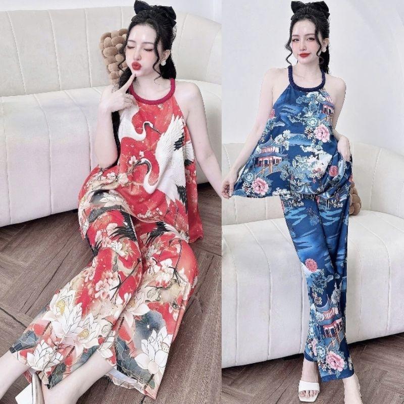 Đồ ngủ pyjama nữ mặc nhà Freesize đến 65kg ÁO DÂY BÍNH QUẦN DÀI CÓ TÚI Lụa Latin mềm mát  #215 Kem Voi