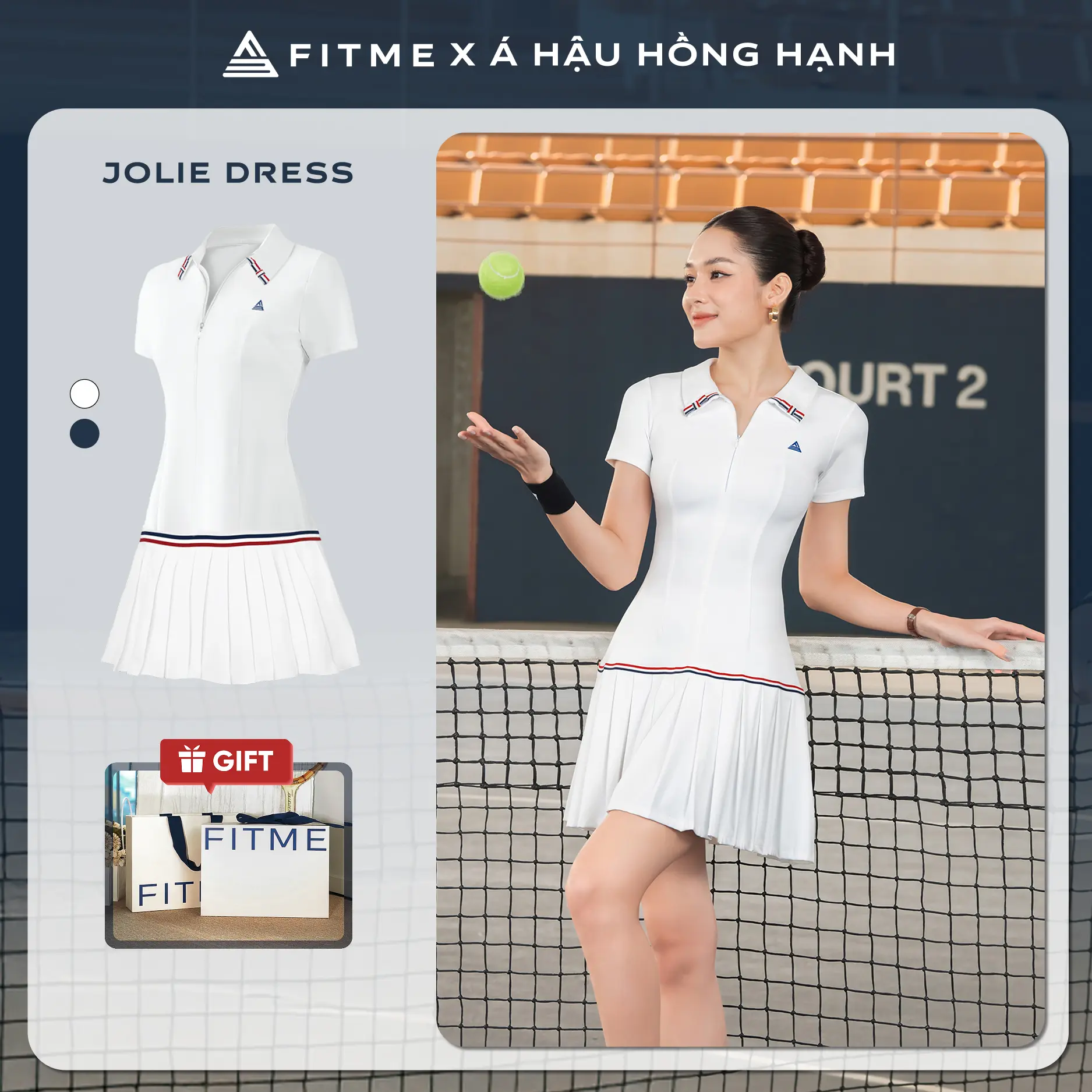 Váy tennis pickleball nữ Fitme JOLIE ES phối nơ tặng kèm quần bảo hộ, chất co giãn thoáng khí DNSP01