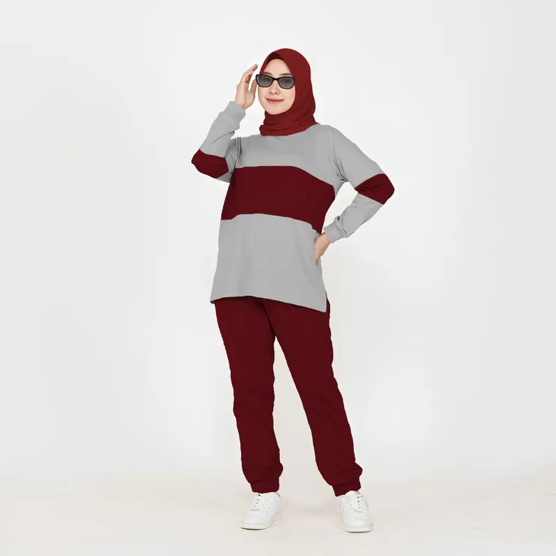 LPM 35756 Setelan Kaos Celana Olahraga Wanita Muslimah Kombinasi Warna SET COMBI Lengan Panjang Bahan Babyterry Size XL-XXXL Baju Kaos Celana Adem 1